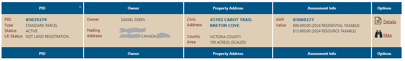 Nova Scotia property title search details